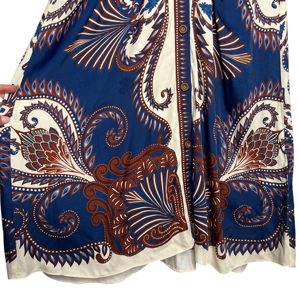 Farm Rio Blue Arabesque Scarf Long Sleeve Button Shirt Midi Dress SZ S - Picture 6 of 16
